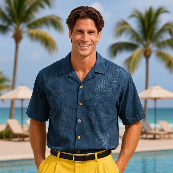 Vintage Banana Cabana Floral Silk Button Down Shirt Men X-Large Blue Vacation 90 - Picture 1 of 7